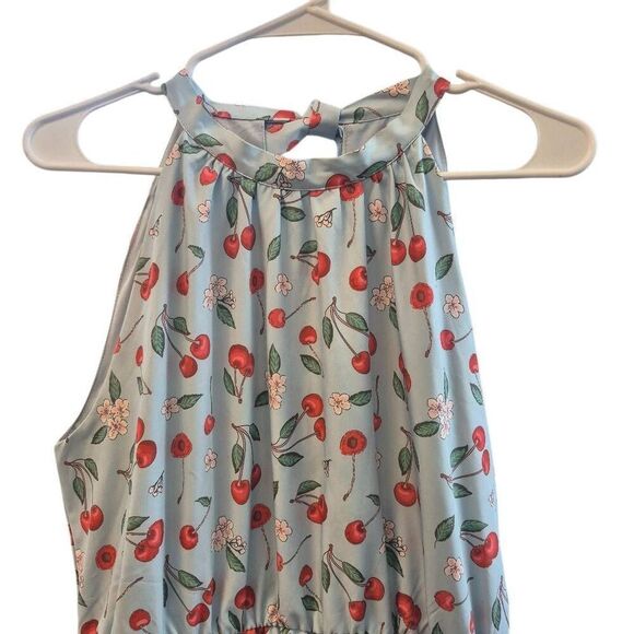 Belle Pogue Women's Baby Blue & Red Cherry Print Poly/Spandex Retro Lined Halter - Picture 11 of 13